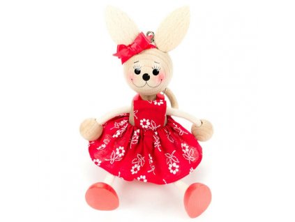 drevena figurka na pruzinke zajacica v cervenych satach