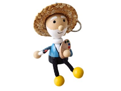 painter with straw hat wooden hand painted keyring