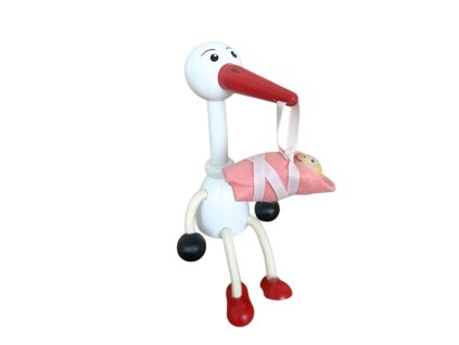 Stork with baby girl wooden doll KROKIDO