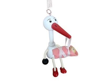Stork with baby girl wooden bouncing figurine